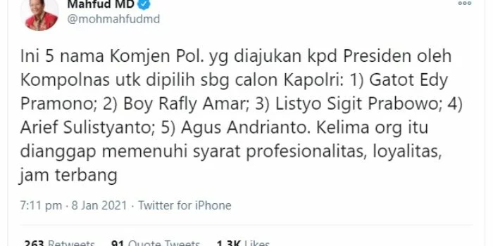 pernyataan kemenko polhukam lima nama calon kapolri