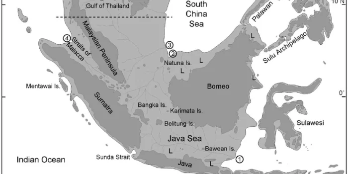 Sundaland at the Last Glacial Maximum showing the modern distribution of land in dark