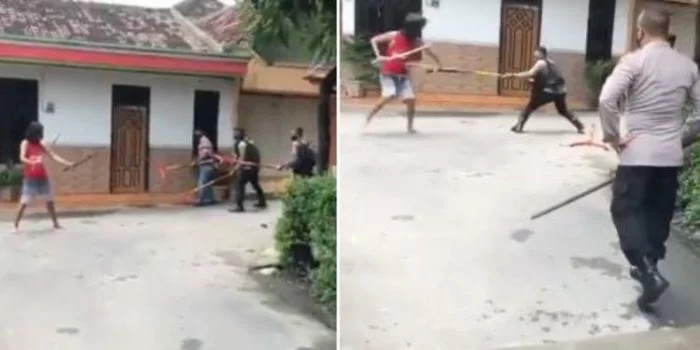 viral video bang jago acungkan samurai ke para polisi anggota sampai mundur