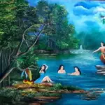 Salah satu lukisan yang menggambarkan legenda Jaka Tarub dan 7 bidadari yang sedang mandi. (Foto: istimewa)