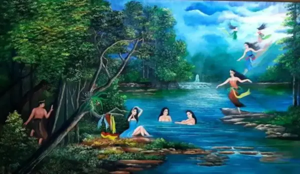 Salah satu lukisan yang menggambarkan legenda Jaka Tarub dan 7 bidadari yang sedang mandi. (Foto: istimewa)